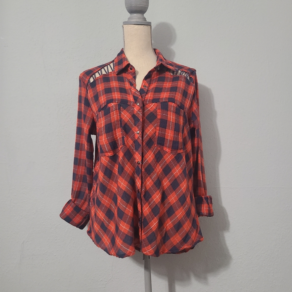 Free People Red and Black Plaid Button-Up Shirt Size XS